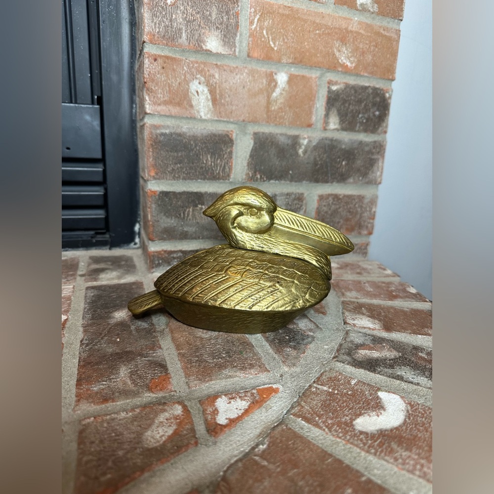 RARE Vintage Brass Pelican Trinket Box